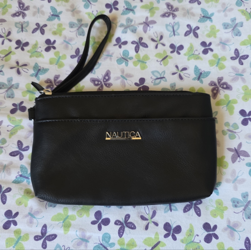 Nautica Black Leather Wristlet With Gold Emblem